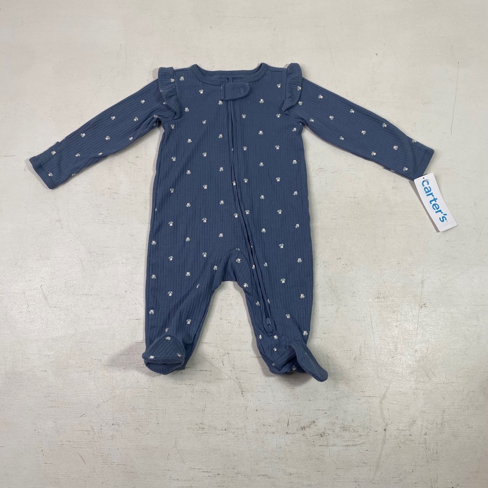 Carters Baby Girl 3M Sleep and Play Footie Pajamas Blue Ribbed Floral Ruffle NWT